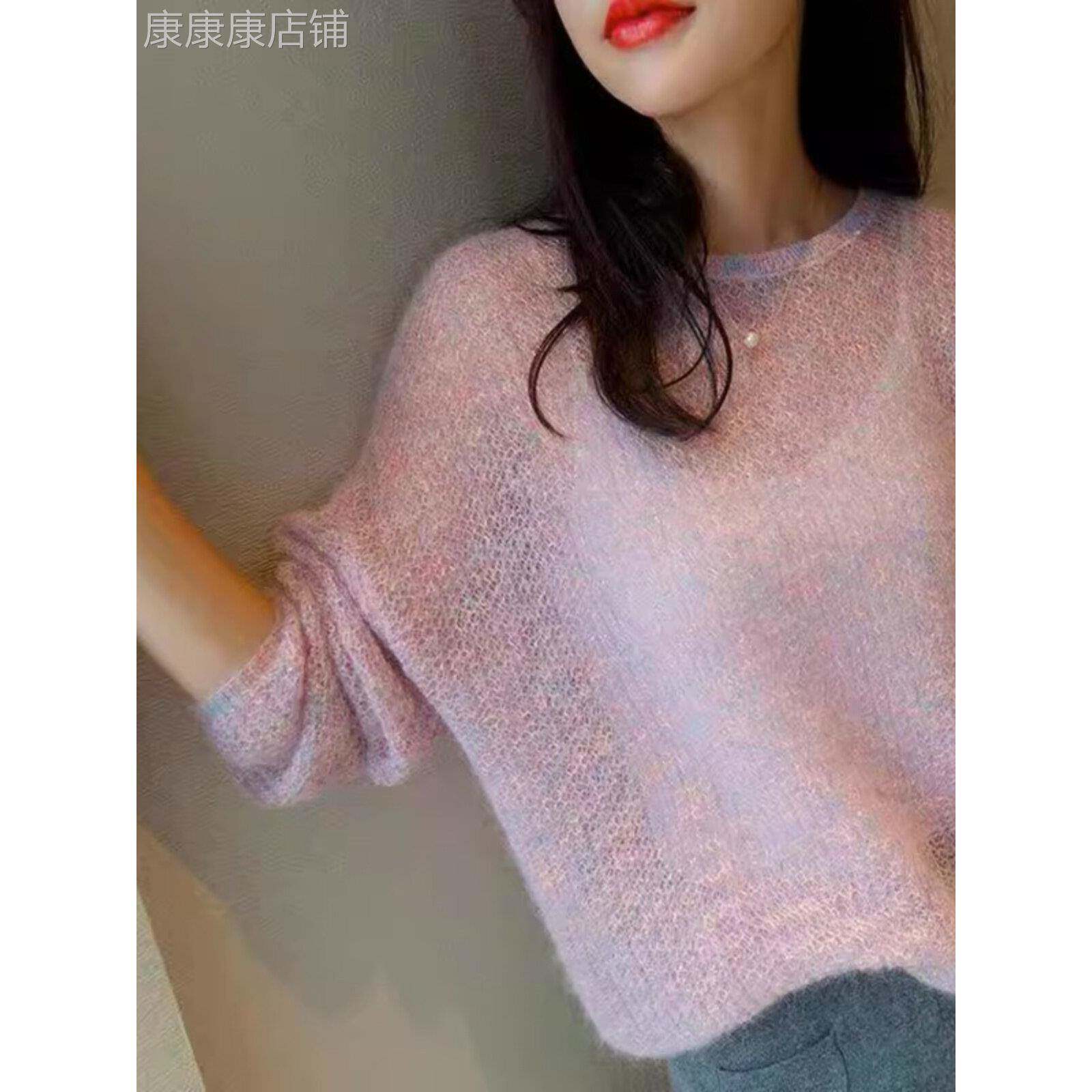 套头慵懒风马海毛毛衣女春秋欧货薄款亮丝宽松上衣外穿镂空针织衫