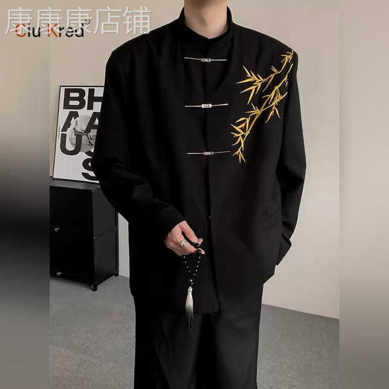 新中式订婚套装男士2026新款国风立领中山装金竹刺绣礼服西装男款