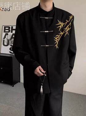 新中式订婚套装男士2026新款国风立领中山装金竹刺绣礼服西装男款
