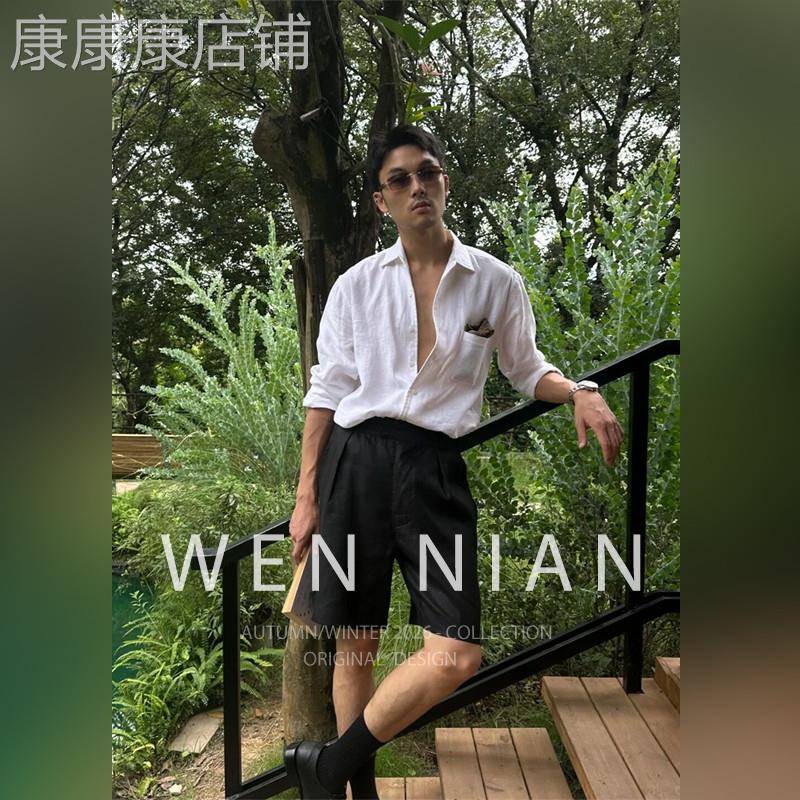 韩国WEN NIAN老钱风亚麻长袖衬衫套装男2026春夏季新款短裤一整套