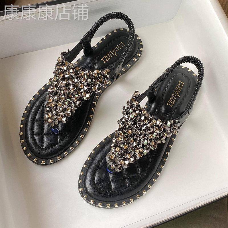 MAROLIO 久穿不累脚~ 夹趾凉鞋女外穿时尚水钻平底罗马夹脚女凉拖