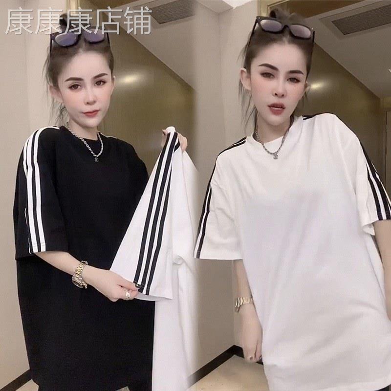 三道杠条纹短袖T恤女欧洲站夏中长款半袖大版上衣遮屁股圆领体恤