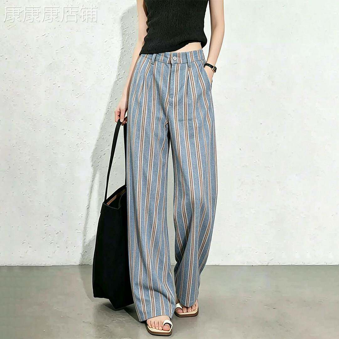 蓝色薄款条纹休闲裤子女2026夏季新款宽松显瘦高级感阔腿直筒长裤