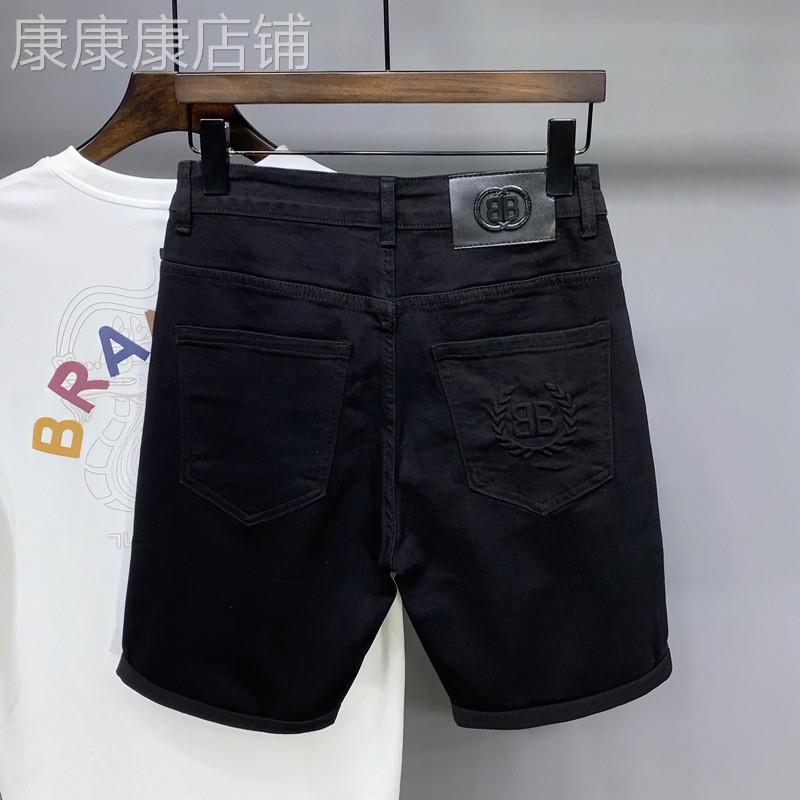 欧货黑色牛仔短裤男潮牌2026新款时尚印花休闲弹力水洗修身五分裤