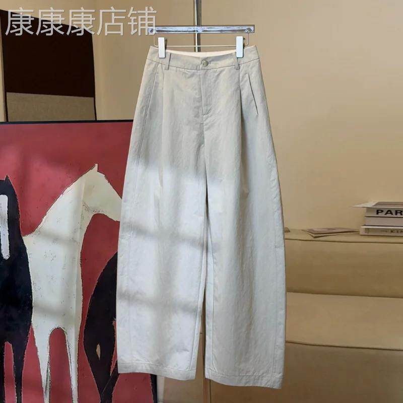 韩版米白西装阔腿弯刀裤女2026年春秋新款高腰老钱风宽松直筒裤子