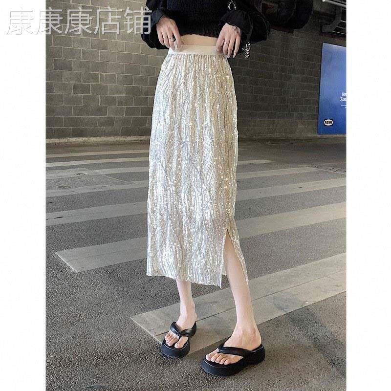亮闪闪开叉半身裙女早秋欧货爆款a字包臀半裙小个子中长版一步裙