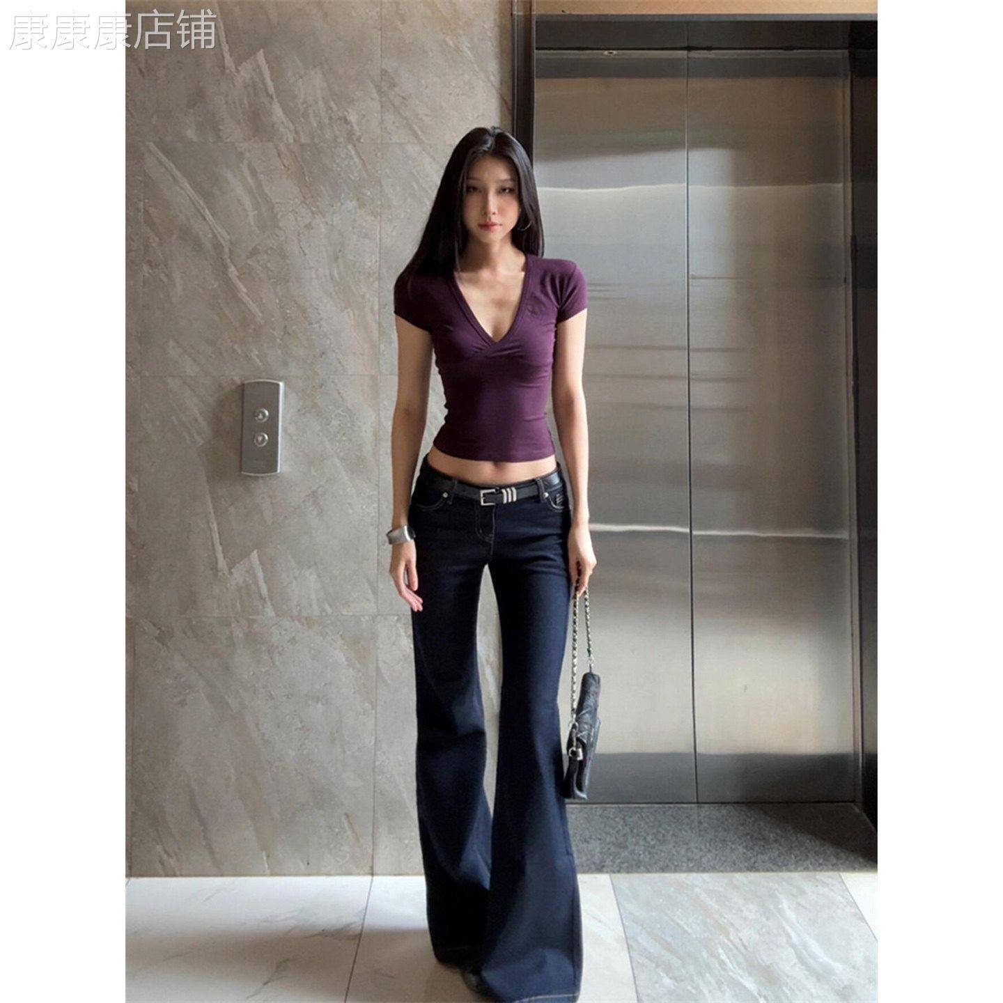 韩系复古拼接紫色正肩V领短袖T恤女夏季修身显瘦设计感百搭上衣潮