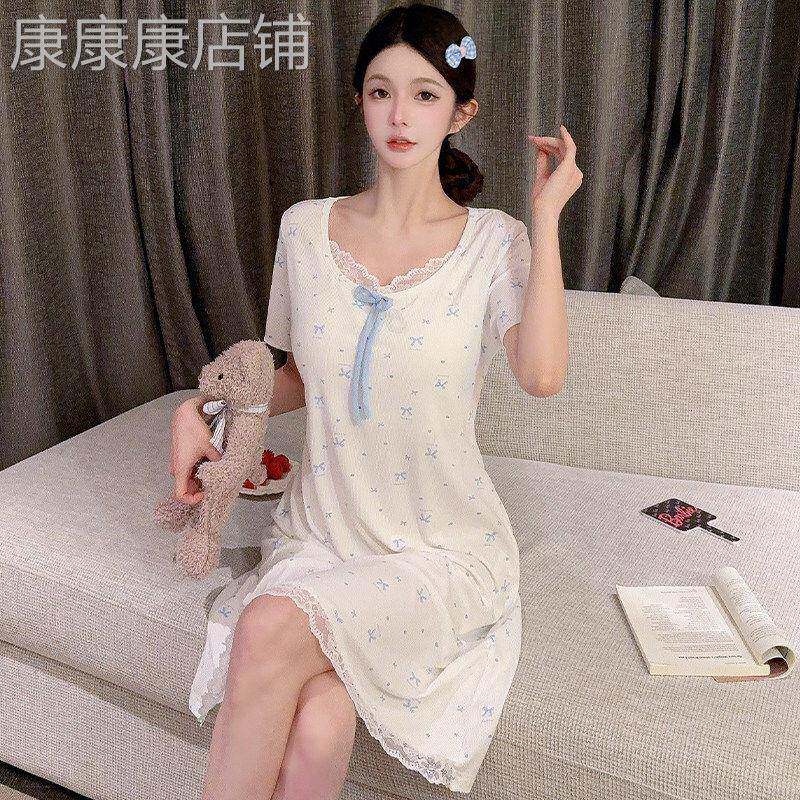 薇薇安｜莫代尔睡裙女夏季短袖甜美带胸垫中长版睡衣可外穿家居服