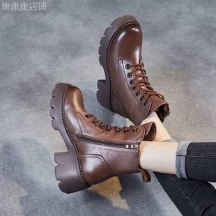 小个子高跟厚底棕色马丁靴女款英伦风新款秋冬季高帮鞋子真皮短靴