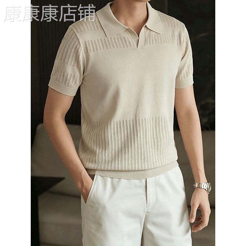 冰丝短袖POLO衫男士夏季薄款镂空针织海鸥领T恤潮牌修身正肩上衣