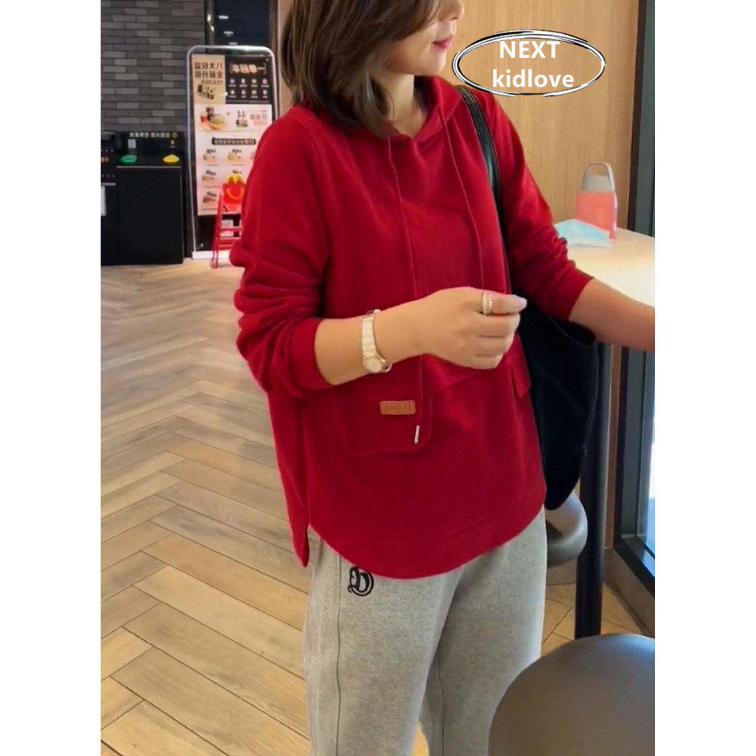 香港大码女装红色连帽卫衣女减龄休闲胖mm不规则百搭T恤打底春秋