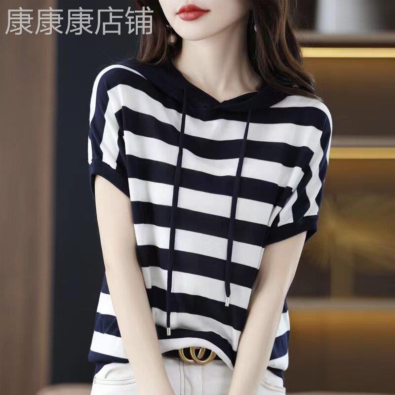 条纹短袖t恤女夏2025新款时尚宽松慵懒覆古百搭休闲连帽半袖上衣