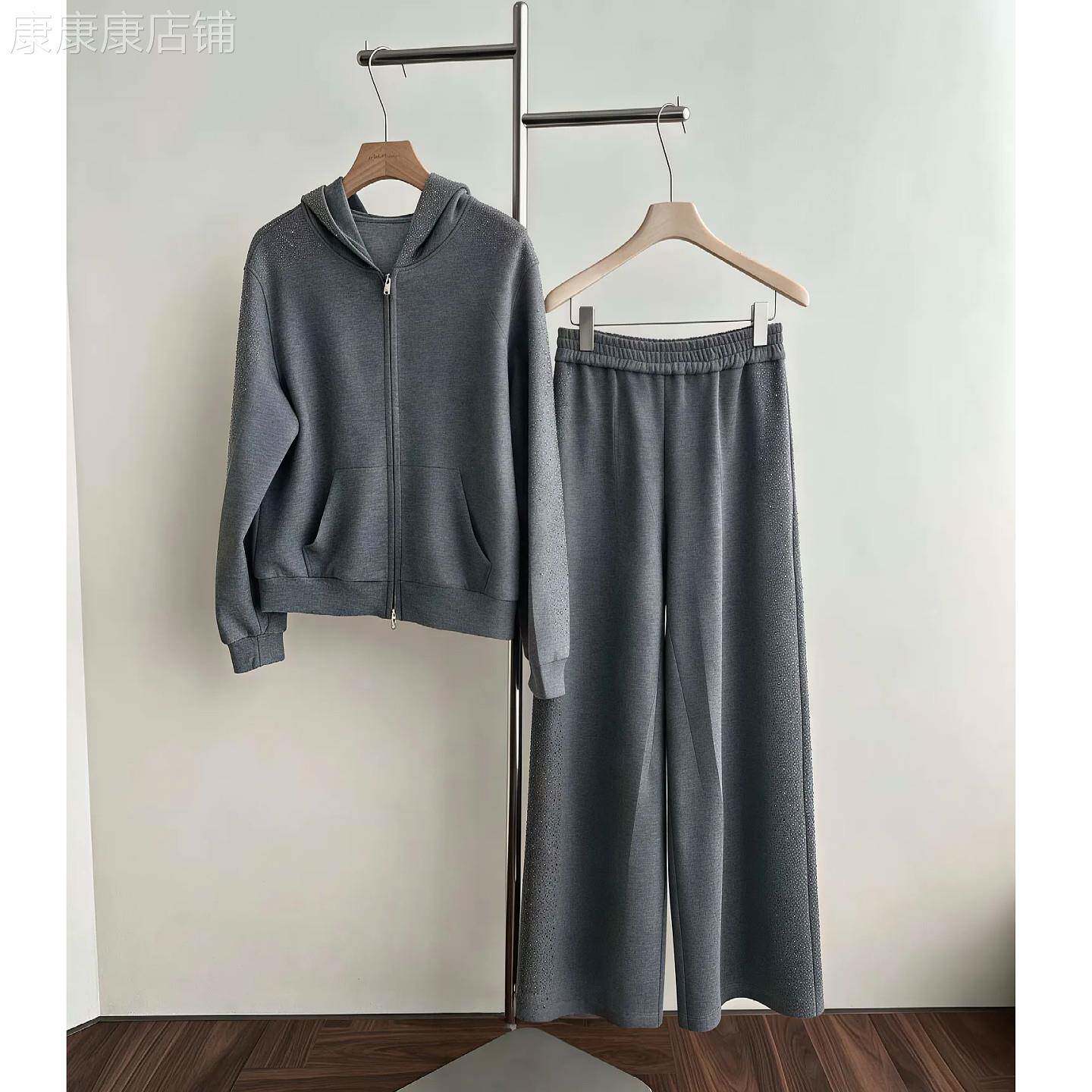 韩国设计感潮流镶钻时尚休闲运动服套装女连帽卫衣外套+阔腿裤秋