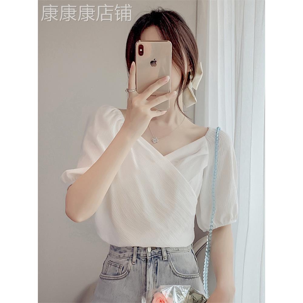 白色雪纺衬衫女夏法式覆古设计感小众t恤v领泡泡短袖露锁骨上衣