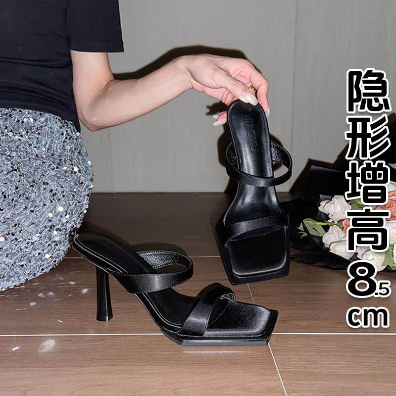 香港高跟凉鞋女2026夏新款欧美性感方头细跟一字带绝美黑色凉拖鞋