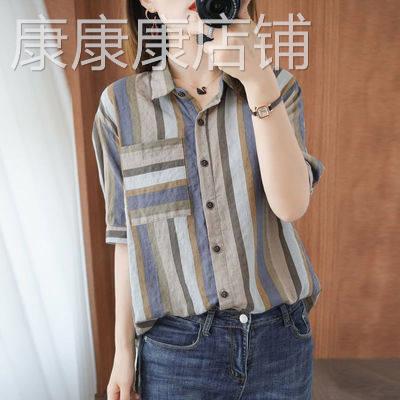 棉麻条纹衬衫女士夏季薄款2026年新款宽松设计感小众短袖衬衣上衣