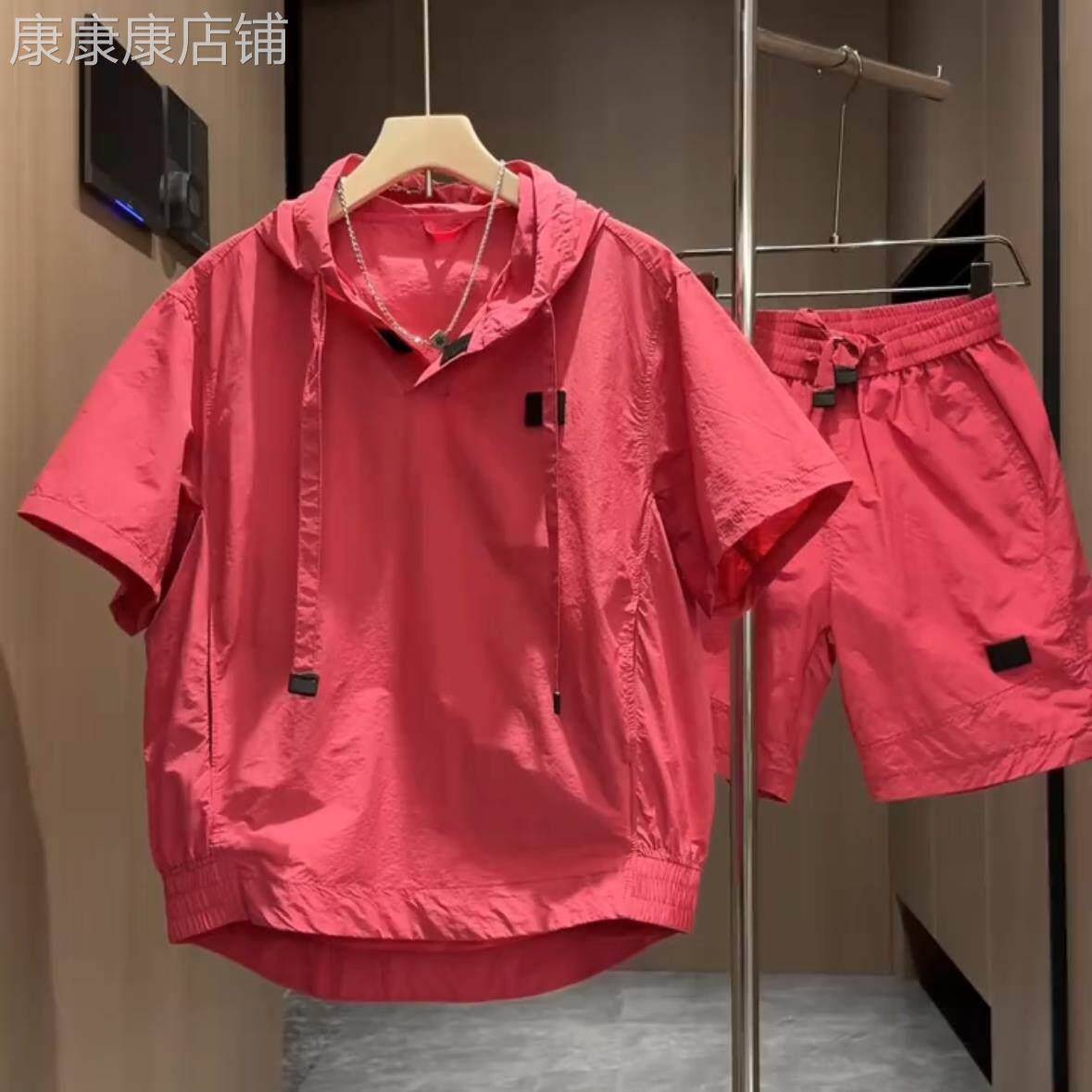 潮牌夏季新款连帽速干休闲运动套装男女款百搭宽松短袖短裤两件套