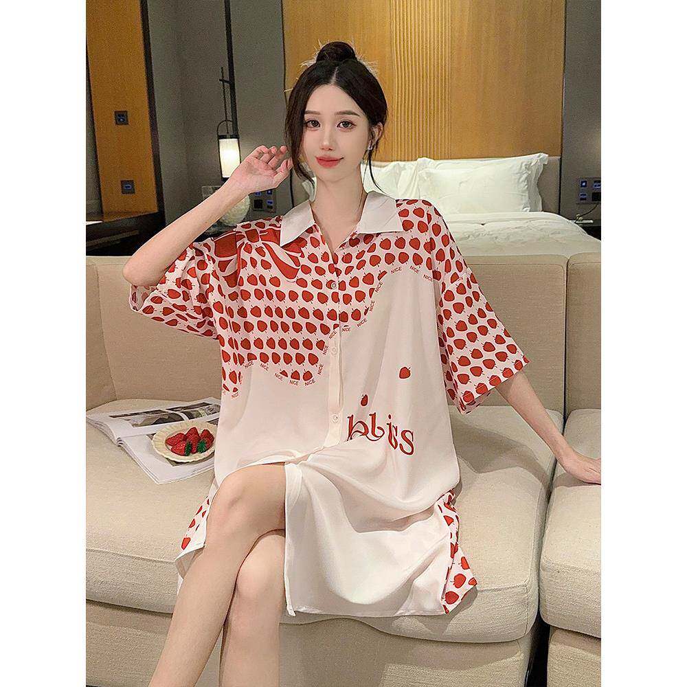 韩国冰丝睡裙女士中长款夏季新款时尚印花衬衫睡衣外穿大码家居服