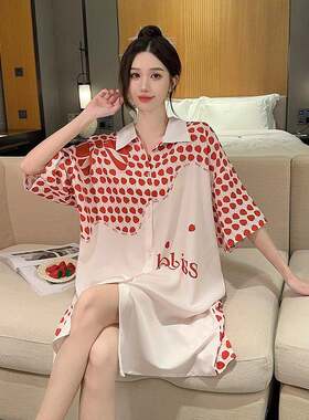 韩国冰丝睡裙女士中长款夏季新款时尚印花衬衫睡衣外穿大码家居服