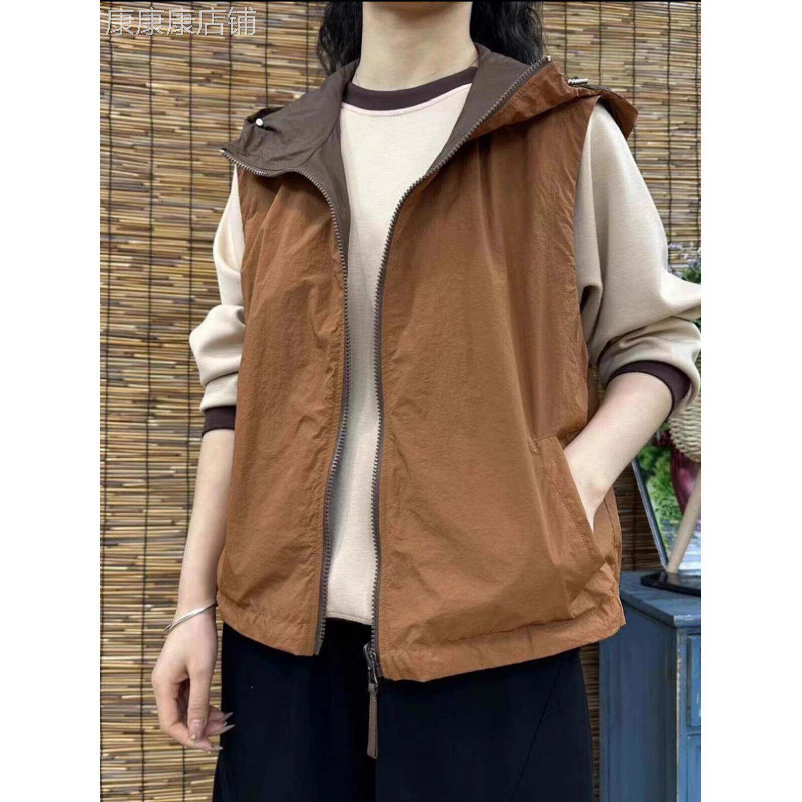 连帽马甲外套女春夏新款时尚休闲洋气百搭女士两面穿拉炼马夹上衣