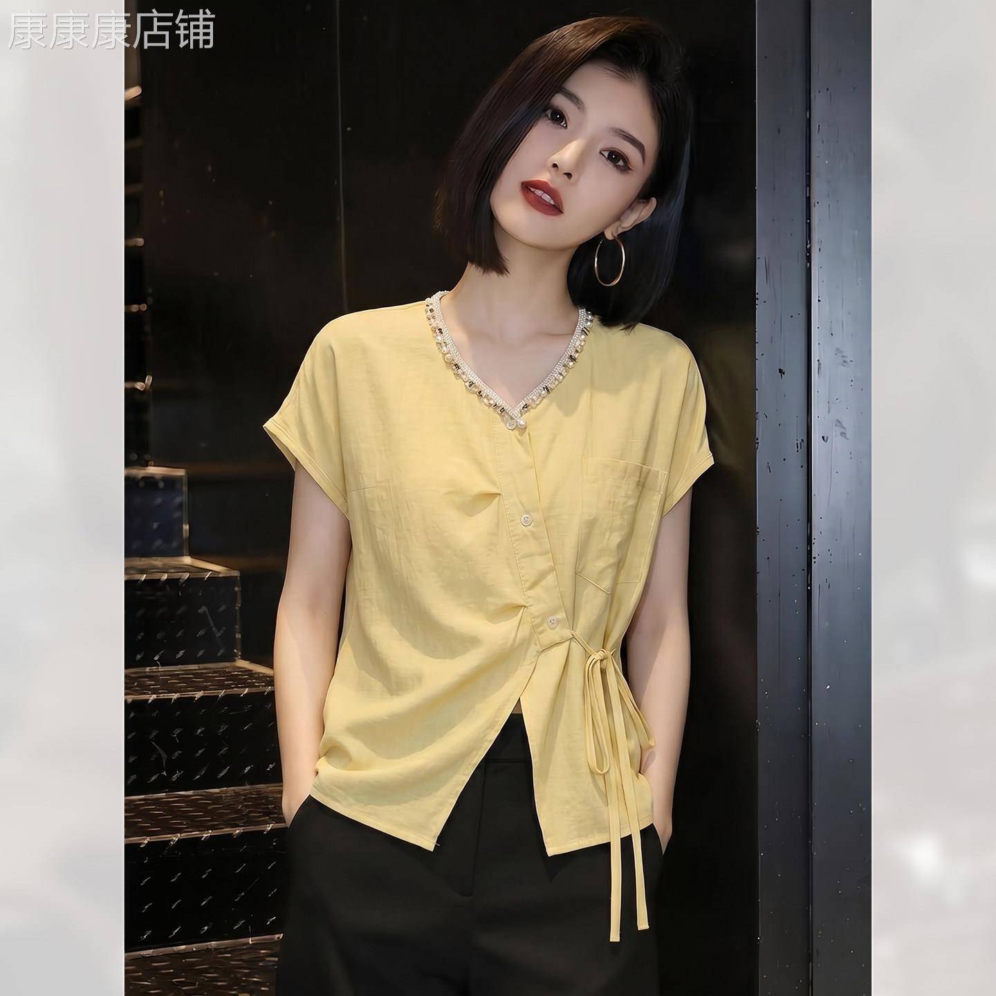 精致别致系带显瘦套头短袖衬衫女夏季2026年新款上衣洋派薄款通勤