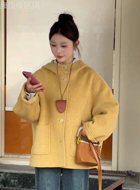 黄色连帽双面羊毛毛呢外套女2025秋季新款韩系高级感短款呢子大衣
