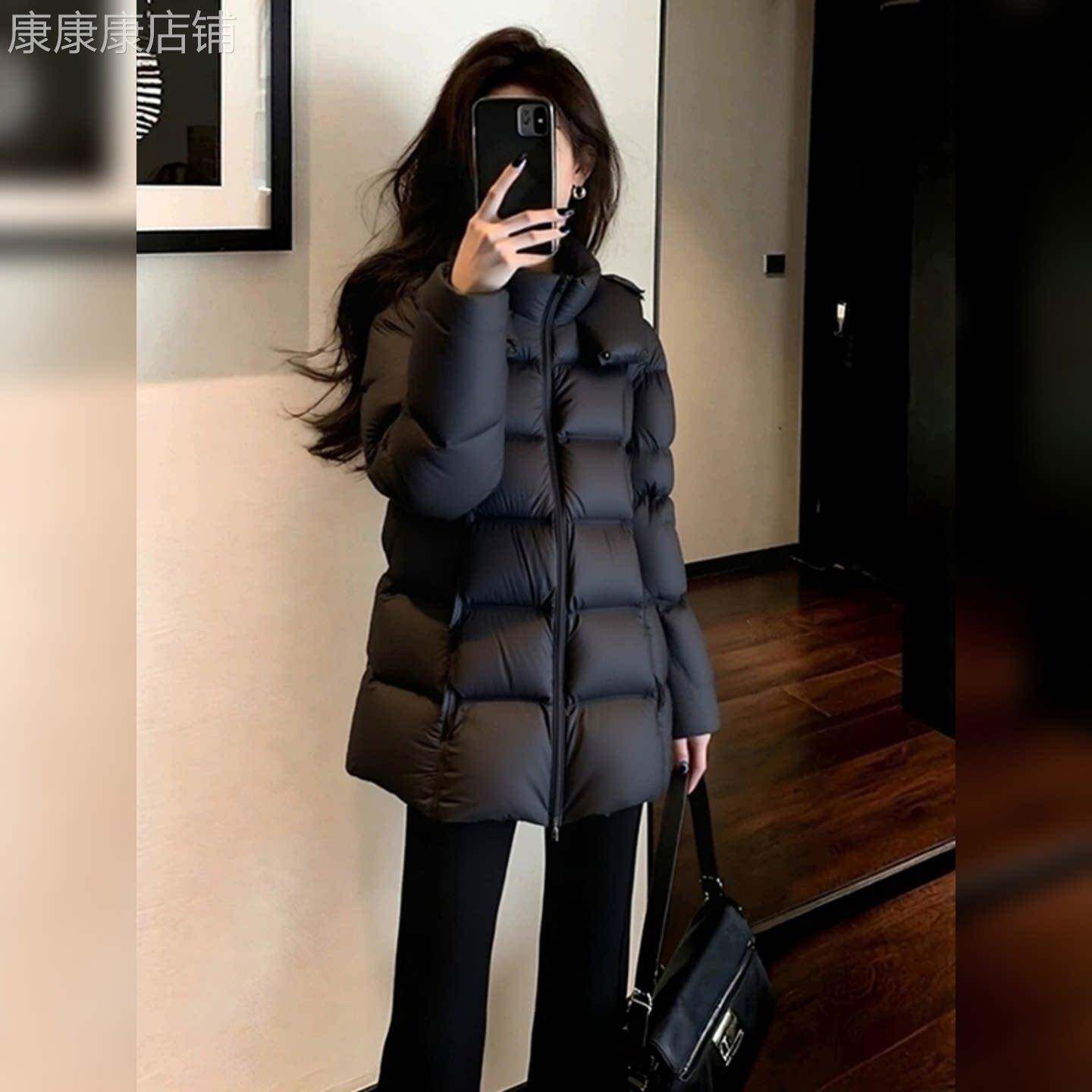 中长款黑色连帽泡芙羽绒服女2025冬季新款加厚保暖白鸭绒面包外套