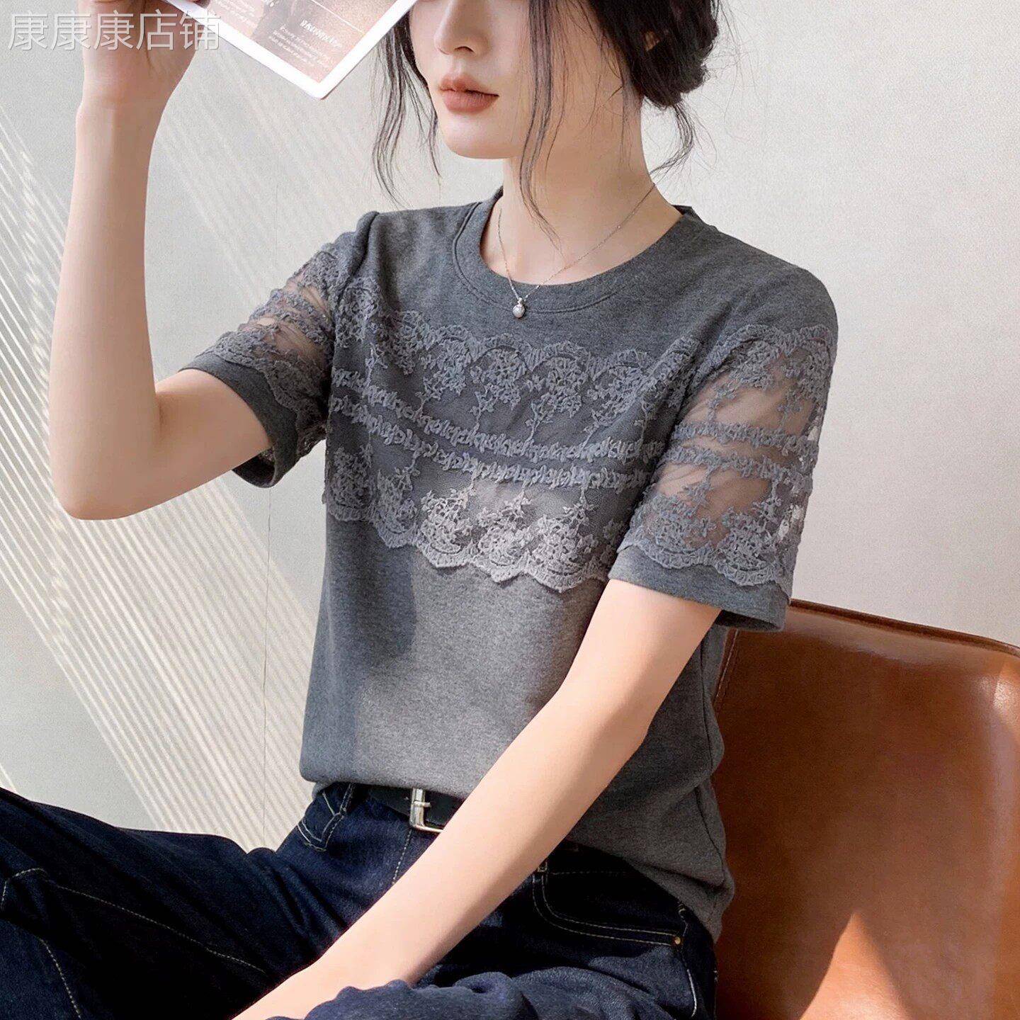 2026新款格雷系时尚蕾丝拼接短袖T恤女灰色显瘦减龄百搭气质上衣