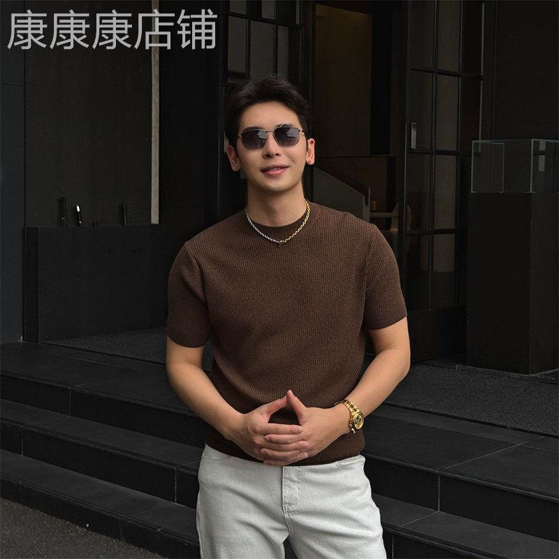 潮牌高级感红咖色修身针织短袖T恤男士夏季老钱风冰丝圆领上衣潮