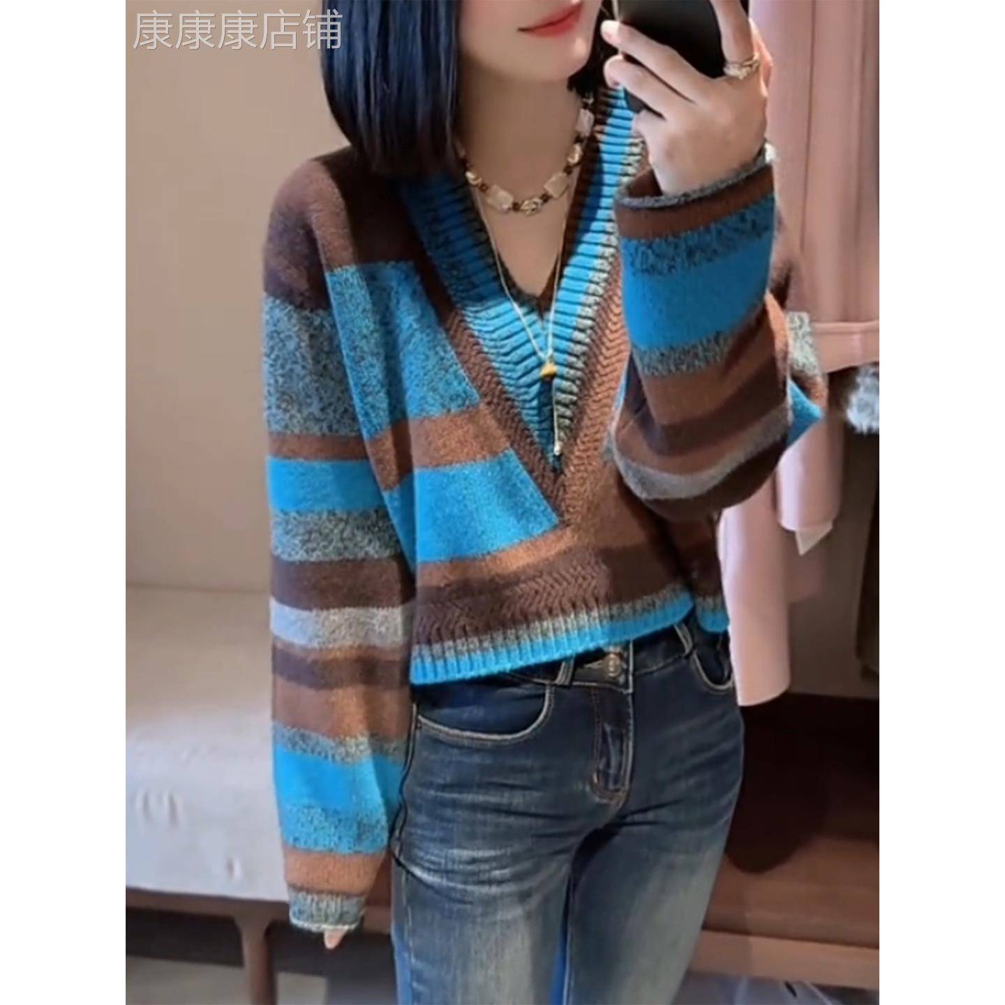 韩版高级设计感V领撞色针织衫秋冬女装新款洋气气质宽松百搭上衣