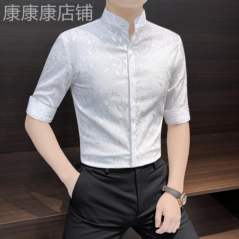 潮流新中式花衬衫男士短袖冰丝国风男装夏季新款痞帅休闲立领衬衣