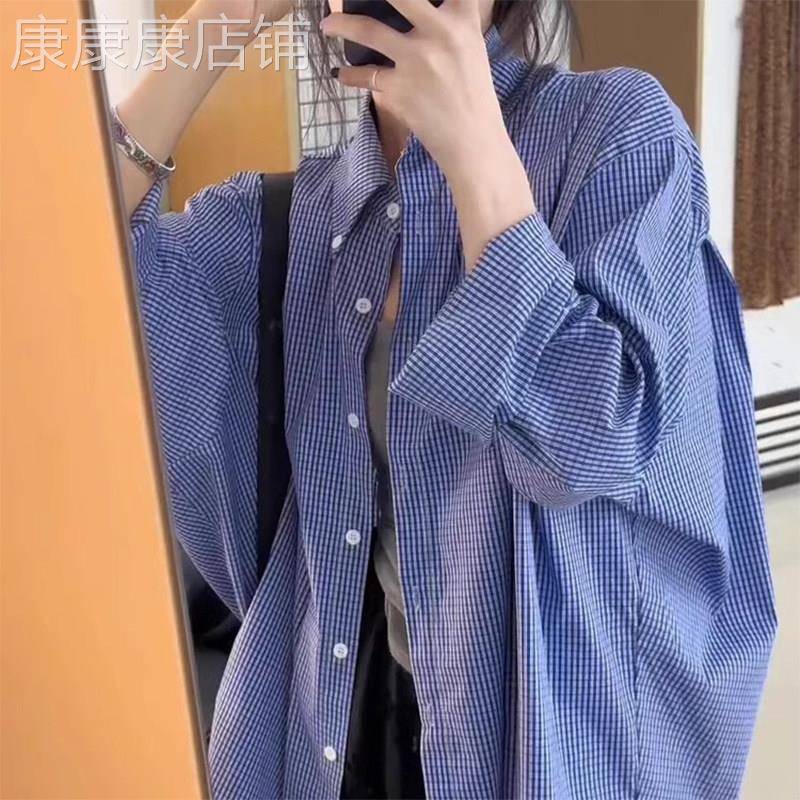 韩版蓝色格子亚麻衬衫女春秋季穿搭长袖大码百搭休闲慵懒风上衣