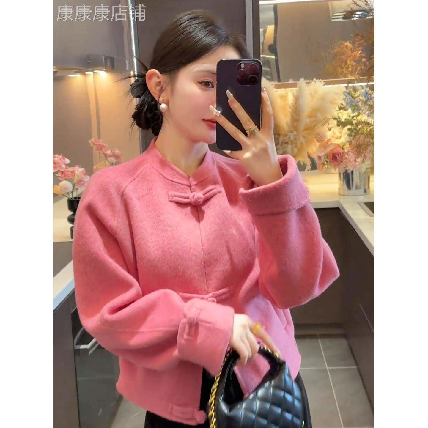 粉色新中式双面羊毛毛呢外套女2025秋季新款气质国风短款呢子大衣