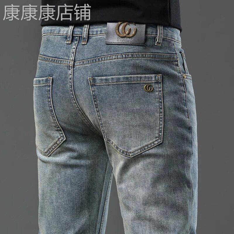 香港高端复古牛仔裤男士2025年新款秋季潮牌修身弹力小脚休闲裤子
