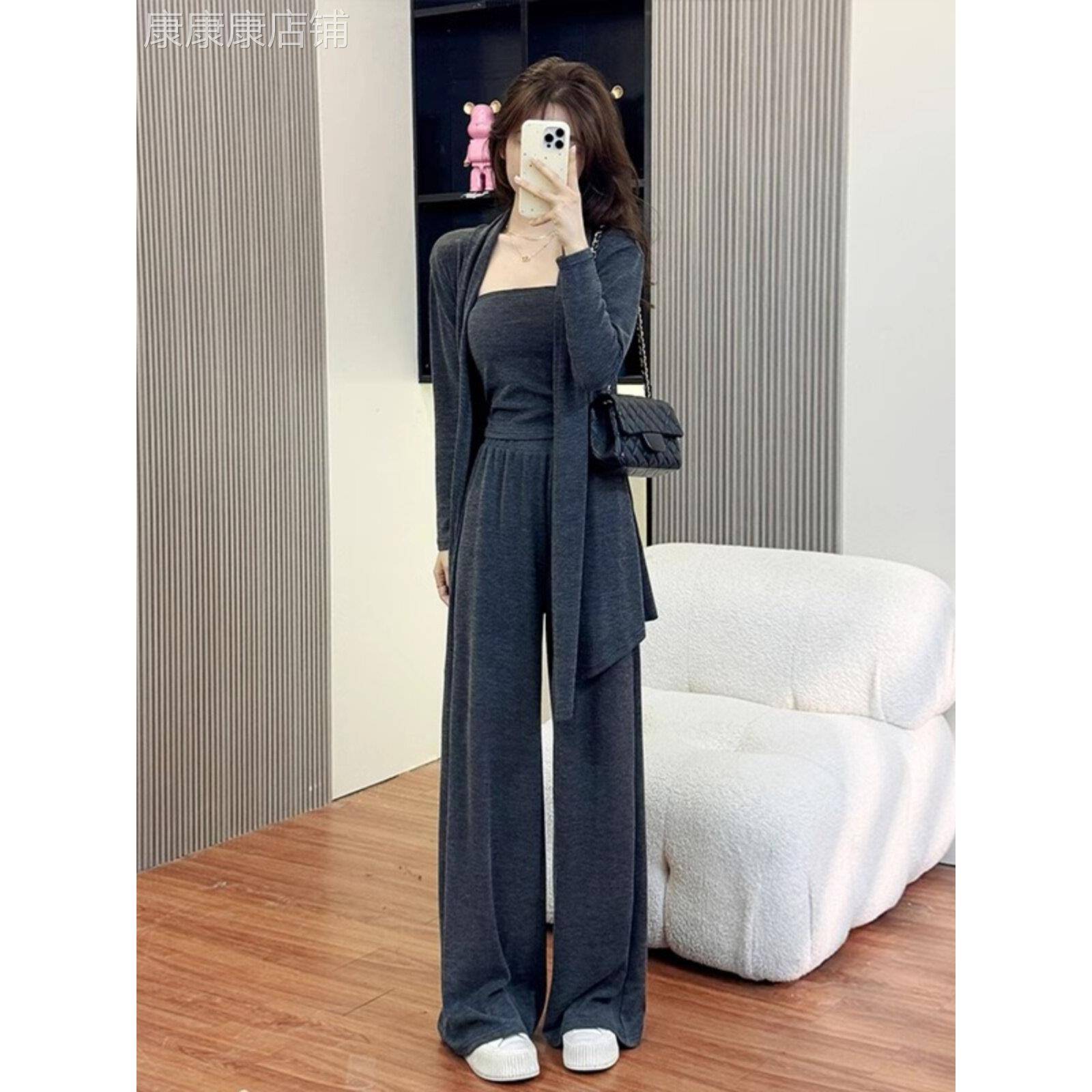 女装休闲套装2025春秋季新款韩式高端优雅针织开衫背心阔腿裤三件