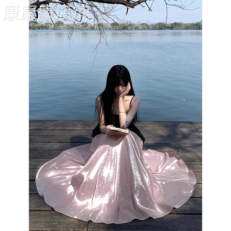粉色缎面波光粼粼珠光纱雪纺半身裙女夏季小个子流光纱裙子巨好看