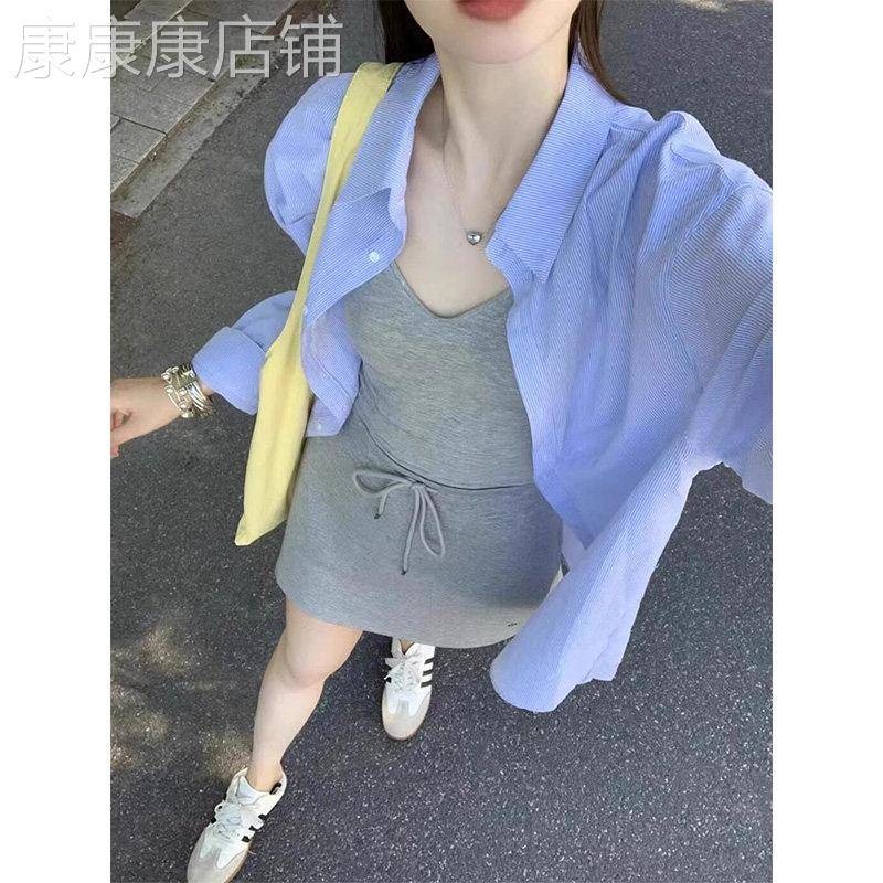蓝色条纹气质宽松polo领防晒衬衫外套女早秋季外搭薄款小个子上衣