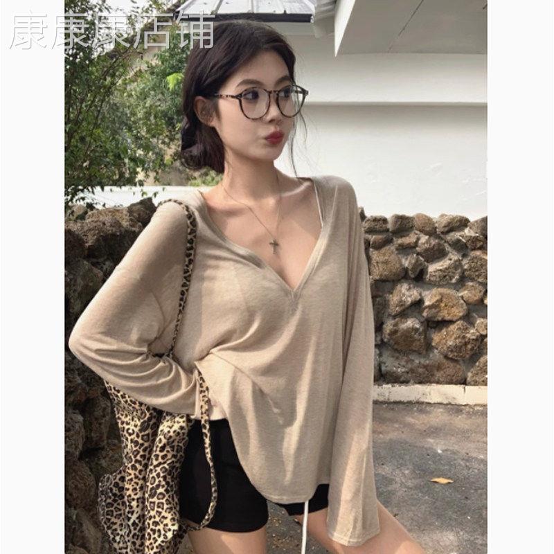 纸片人薄款微透V领防晒罩衫T恤女春夏慵懒松弛感纯欲露肩半透上衣