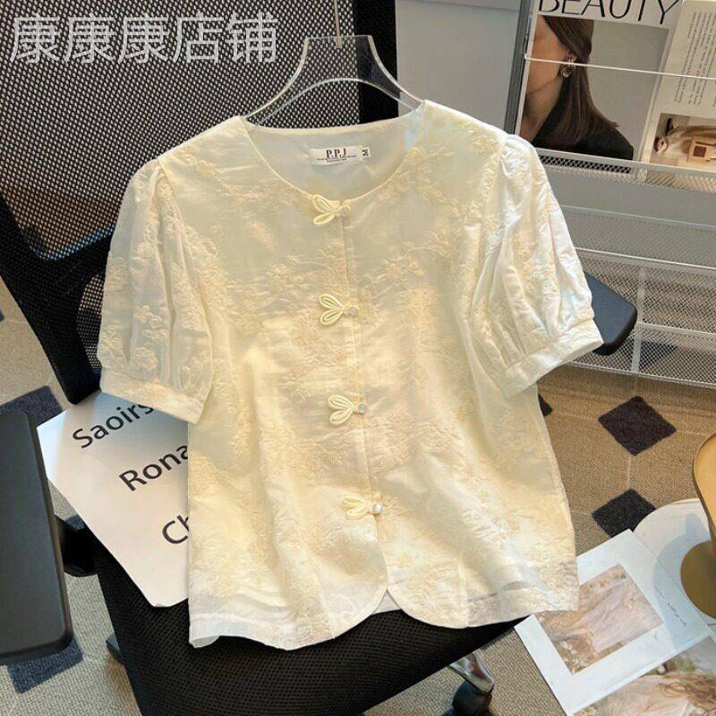 新中式短袖衬衫女夏季新款复古盘扣绣花独特别致国风女士小衫上衣