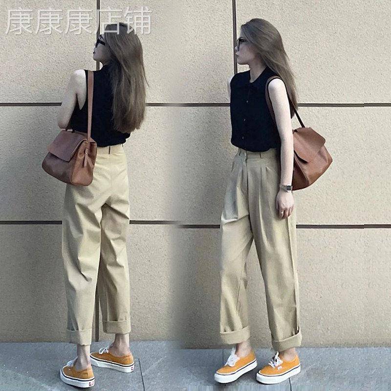 卡其色高腰西装裤女春夏季新款垂感显瘦工装阔腿裤小个子直筒休闲