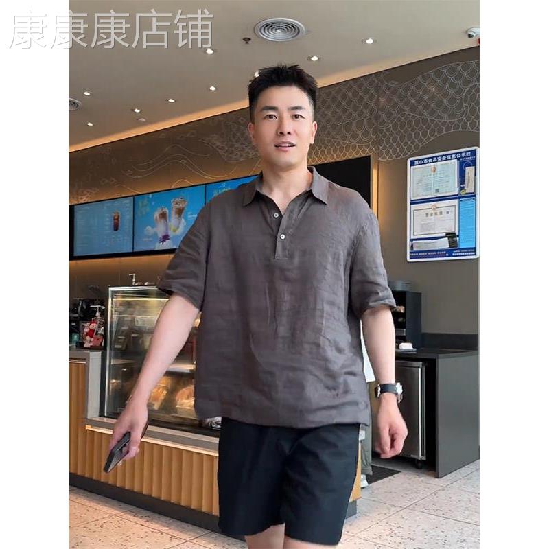 亚麻翻领Polo衫男士夏季透气五分半袖老钱风穿搭短袖t恤潮流上衣