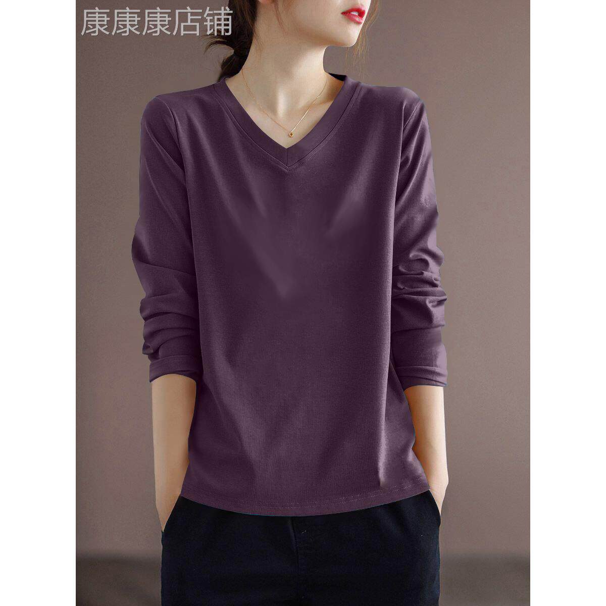 韩国2025新款V领长袖t恤上衣女士秋装宽松大码正肩打底衫纯色内搭