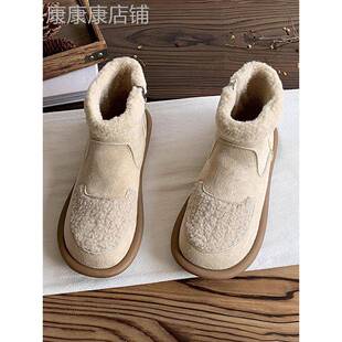 平底羊羔毛加绒勃肯鞋女大头丑萌短靴2025秋冬新款面包棉鞋雪地靴