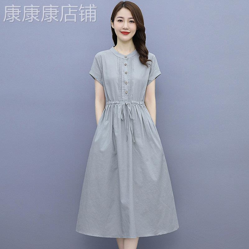 egmg纯棉洋装女夏季2025年新款小个子气质百搭文艺棉麻中长裙子