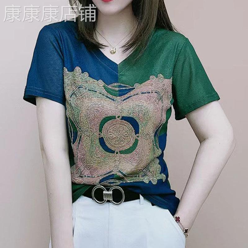 V领短袖T恤女夏季时尚2026新款休闲韩版百搭镶钻拼色上衣女设计感