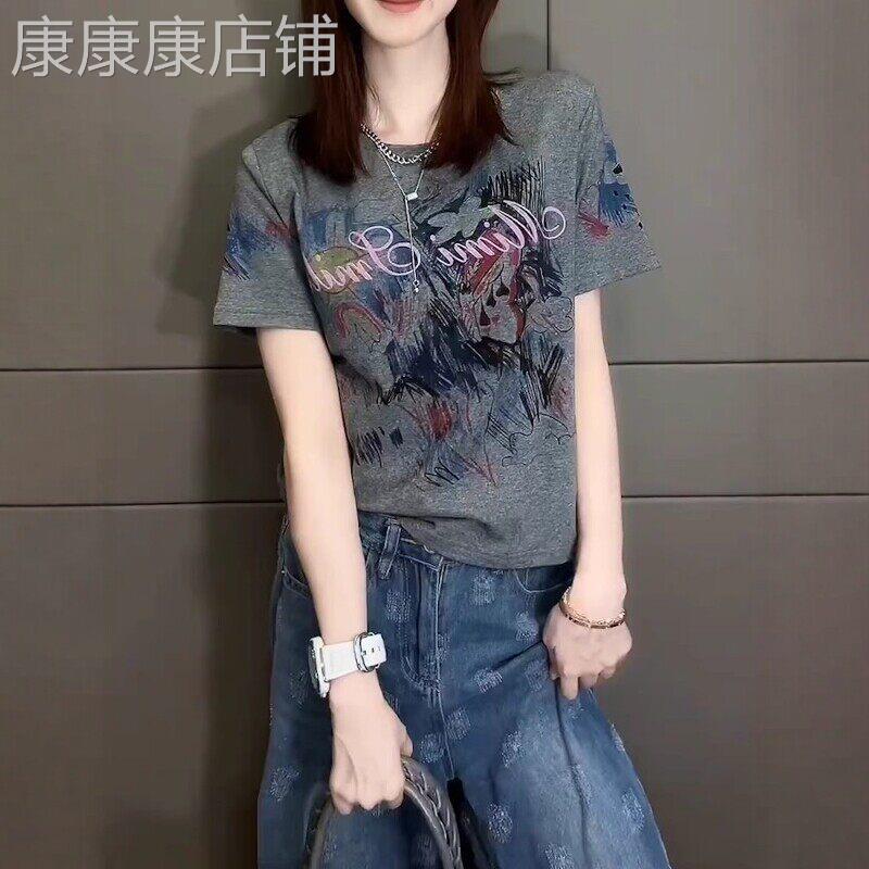 韩国正肩印花短袖T恤女夏季2026爆款大码胖mm显瘦宽松超好看上衣