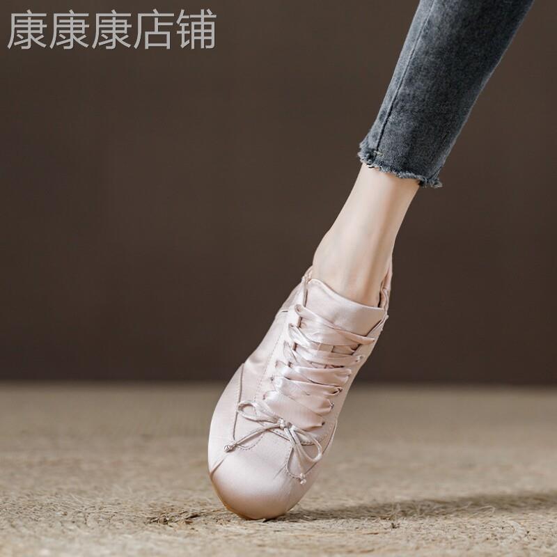复古蝴蝶结~丨ONGYSL丨芭蕾舞鞋女缎面德训鞋透气软底休闲小白鞋