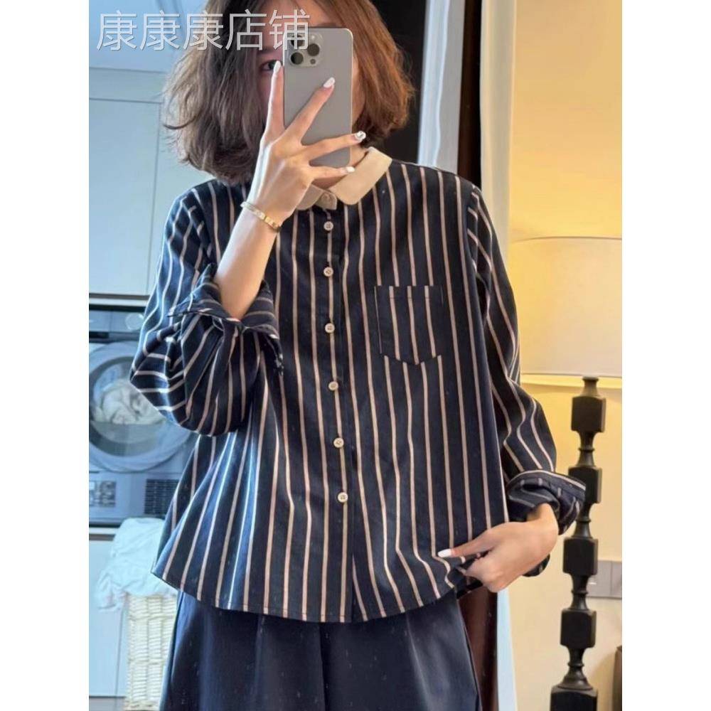 纯棉条纹衬衫女长袖春秋薄款2025新款高级设计感减龄洋气衬衣上衣