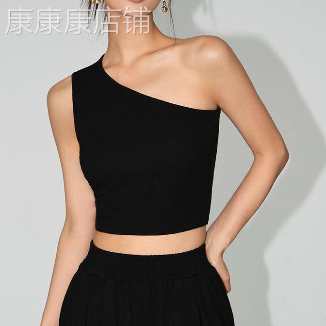 黑色单肩斜领修身带胸垫瑜伽背心T恤女夏设计露肩短款上衣辣妹风