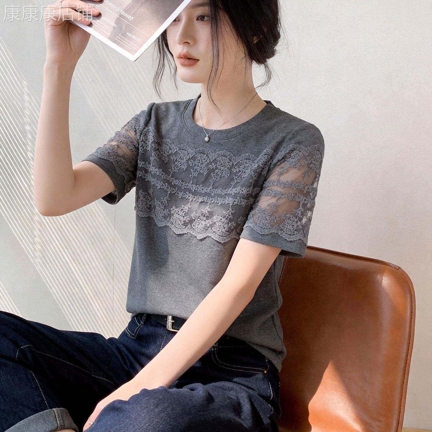 灰色蕾丝拼接短袖T恤女士夏季2026新款百搭气质显瘦减龄时尚上衣